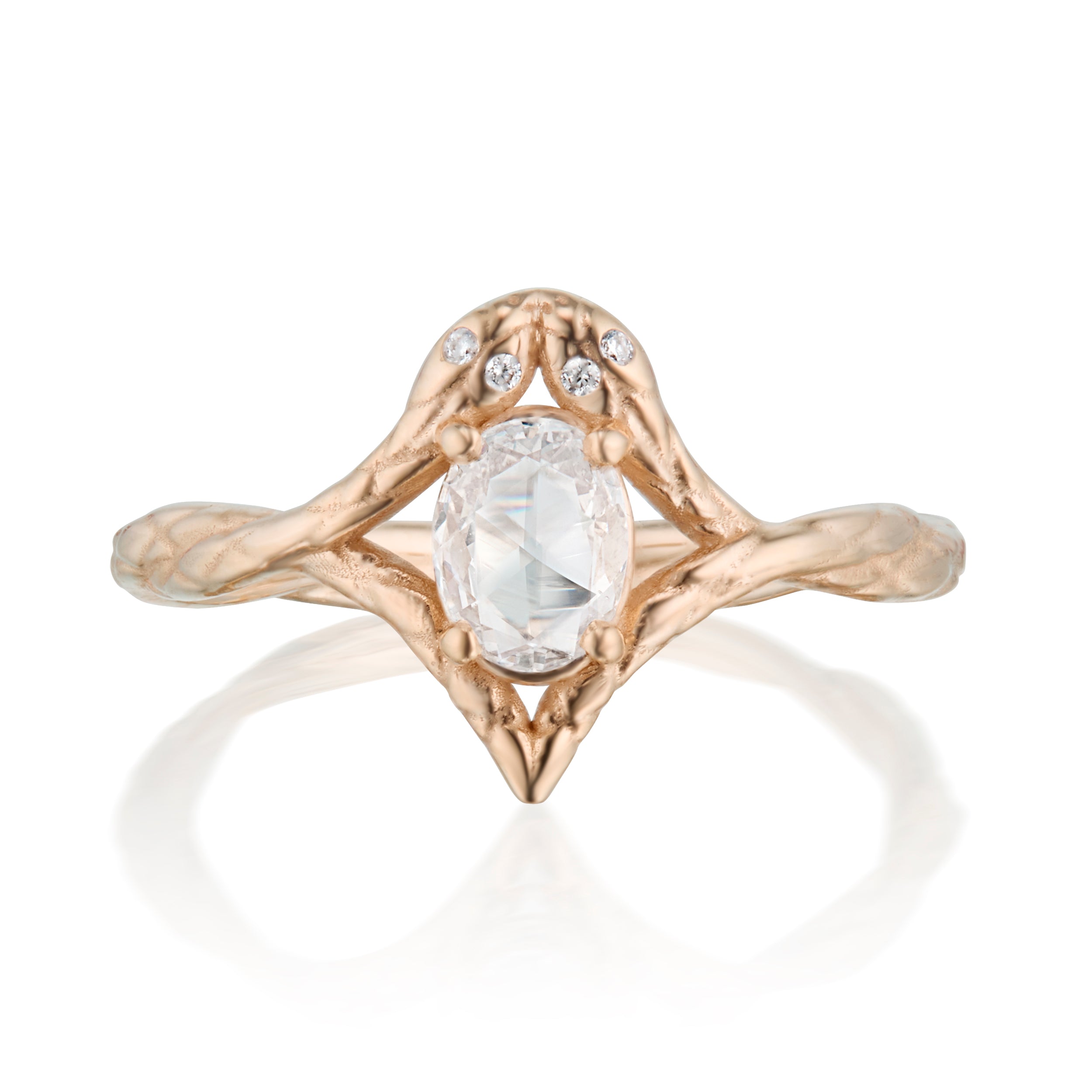 Alt="Vale Jewelry rose Gold Ring Twinned Serpent Ring with rose cut diamond center stone"