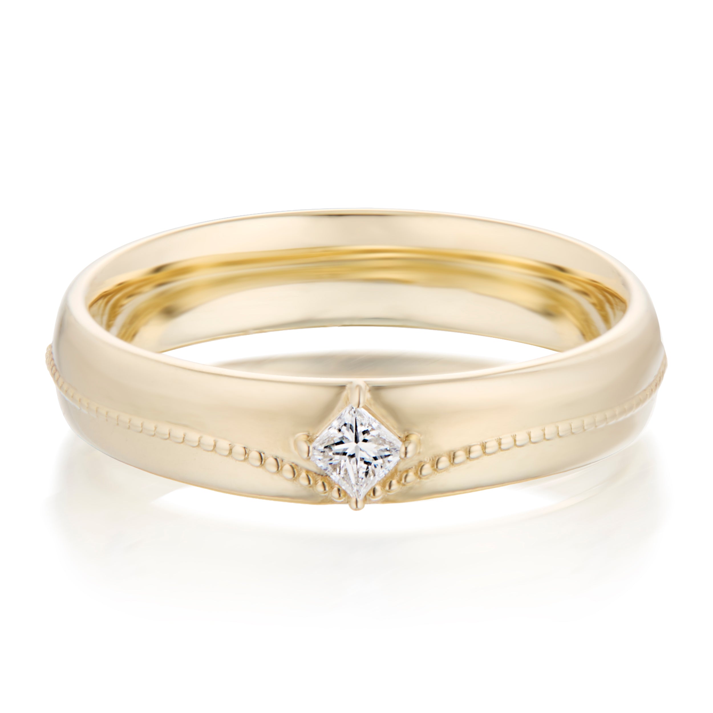 Alt="Vale Jewelry Rainfall Princess Cut Milgrain Band Yellow Gold Front View"