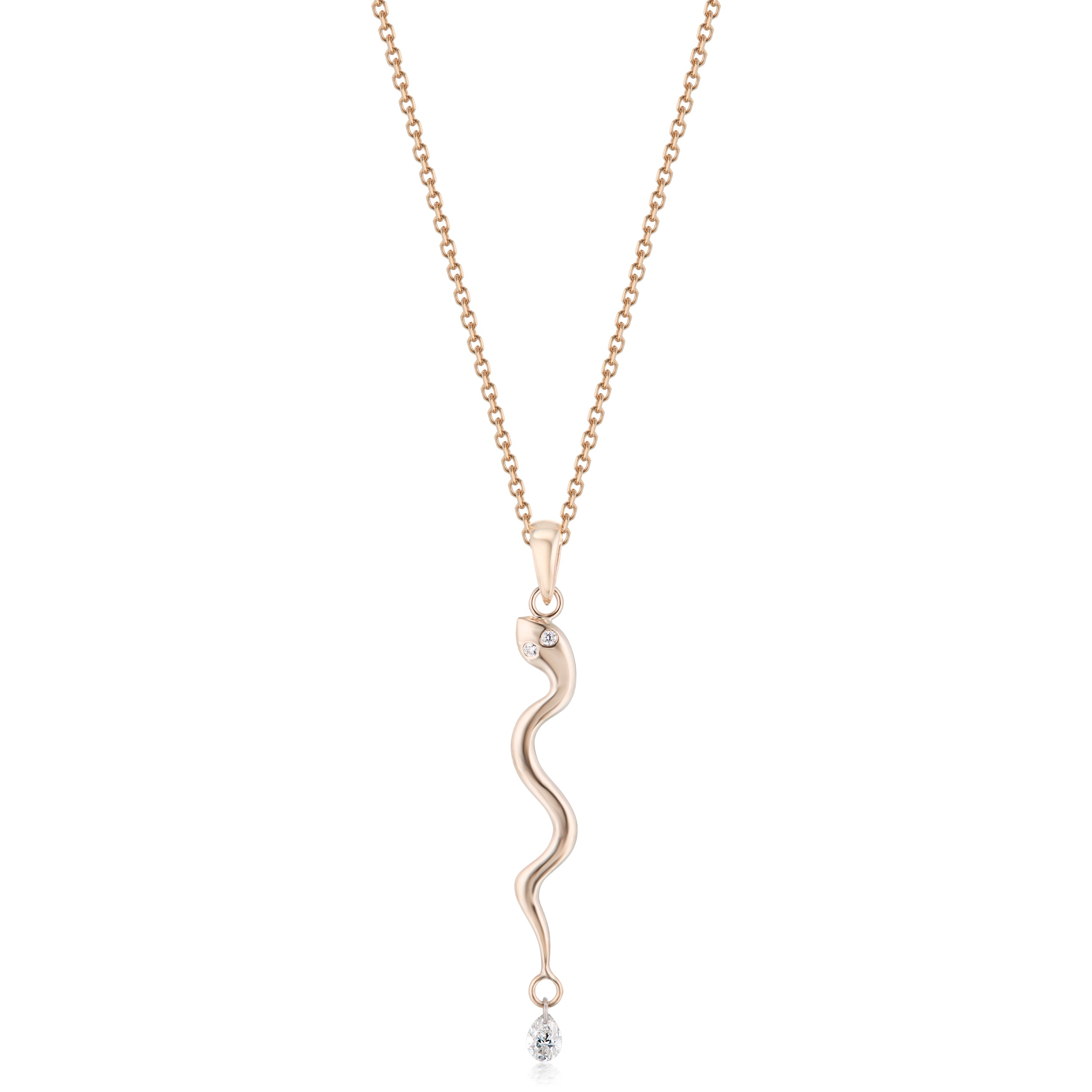Alt="Vale Jewelry rose gold serpent necklace with diamond drop, close up and has pave diamond eyes"