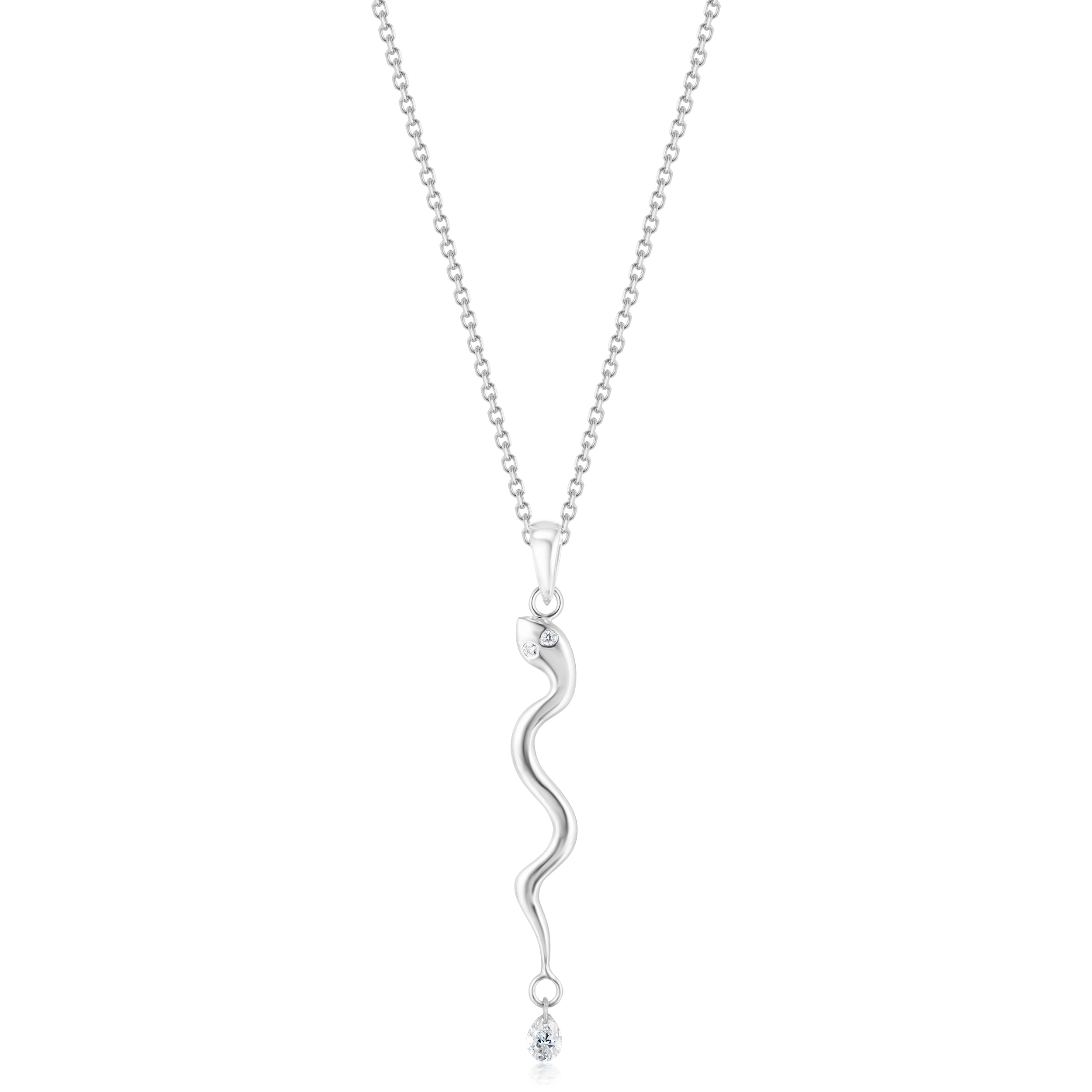 Alt="Vale Jewelry white gold serpent necklace with diamond drop with pave diamond eyes"