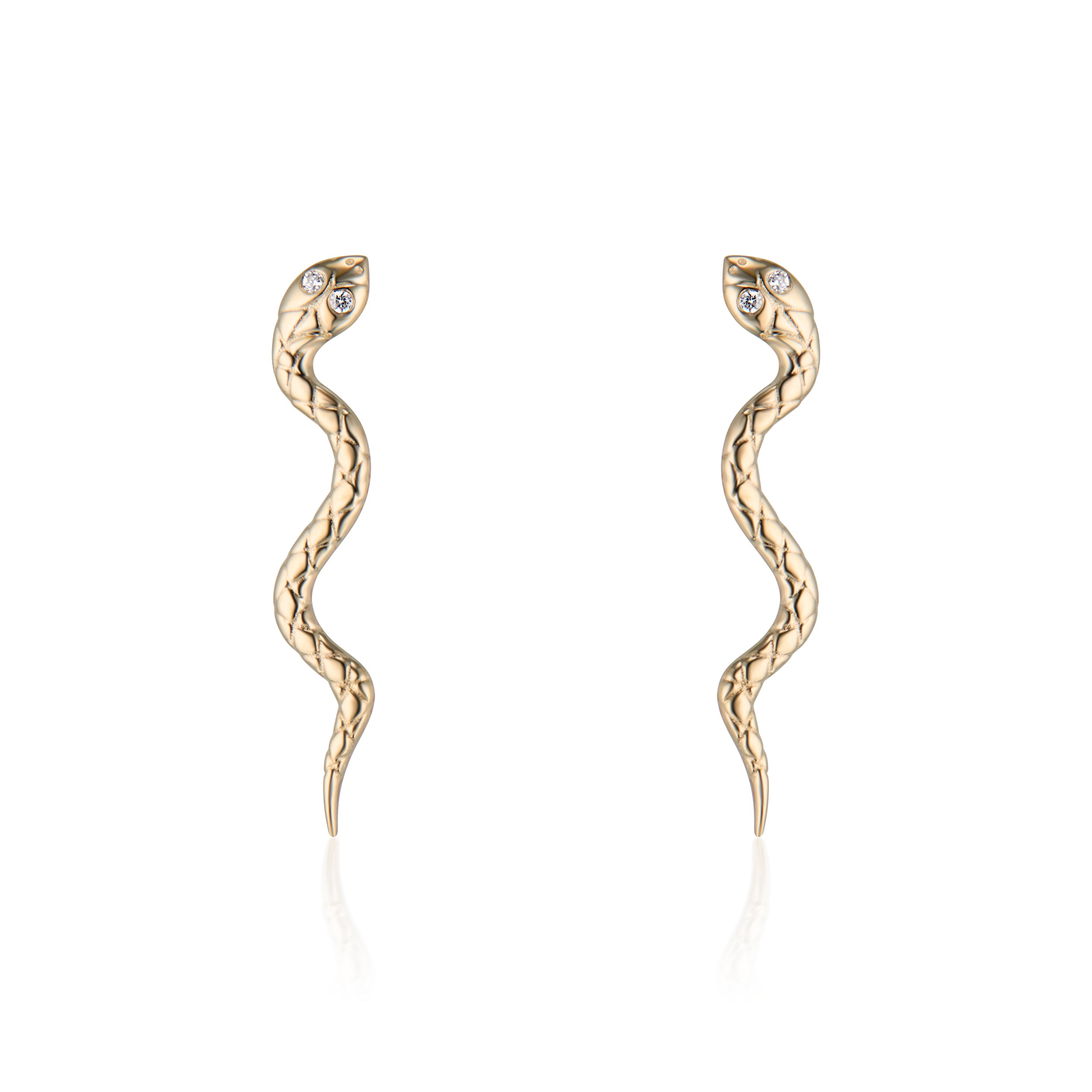 Textured serpent earrings from the front on a white background
