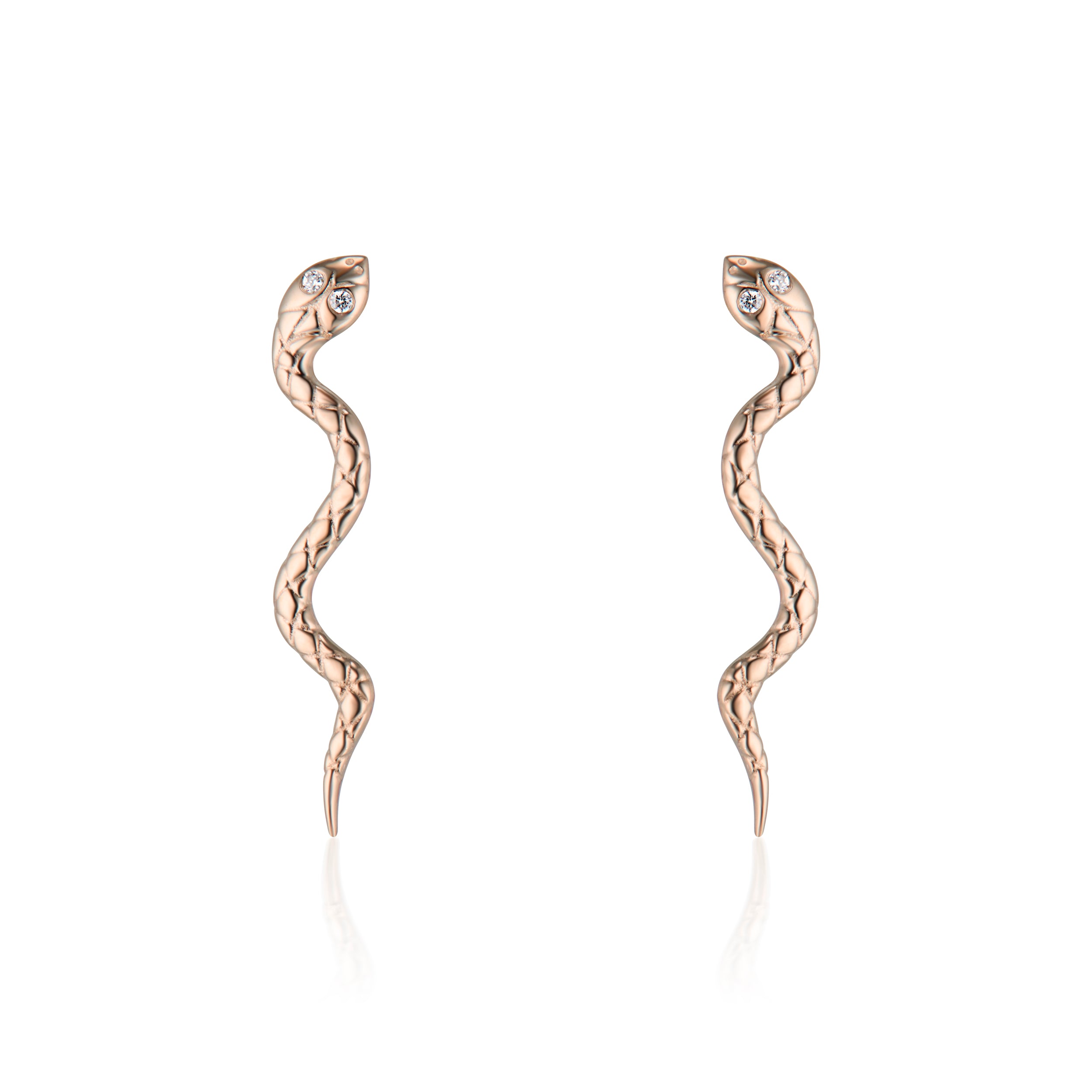 Alt="Vale Jewelry rose gold textured snake earrings on white background from front view"