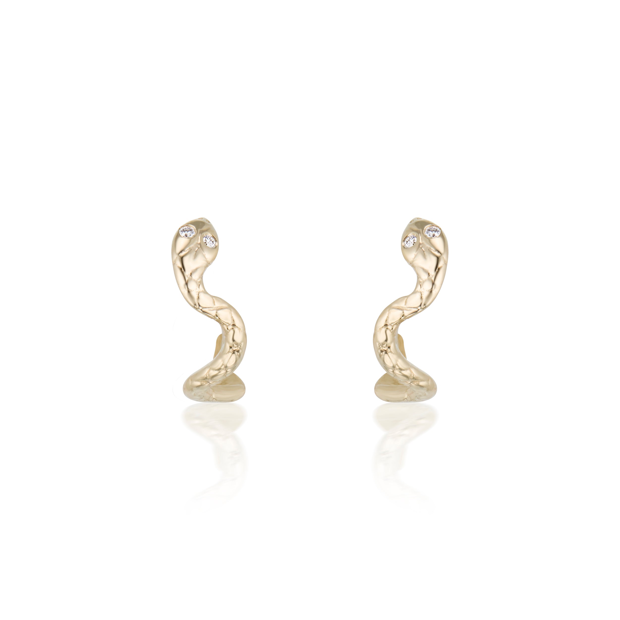 Half hoop earring shaped like snakes with diamond eyes and scale texture