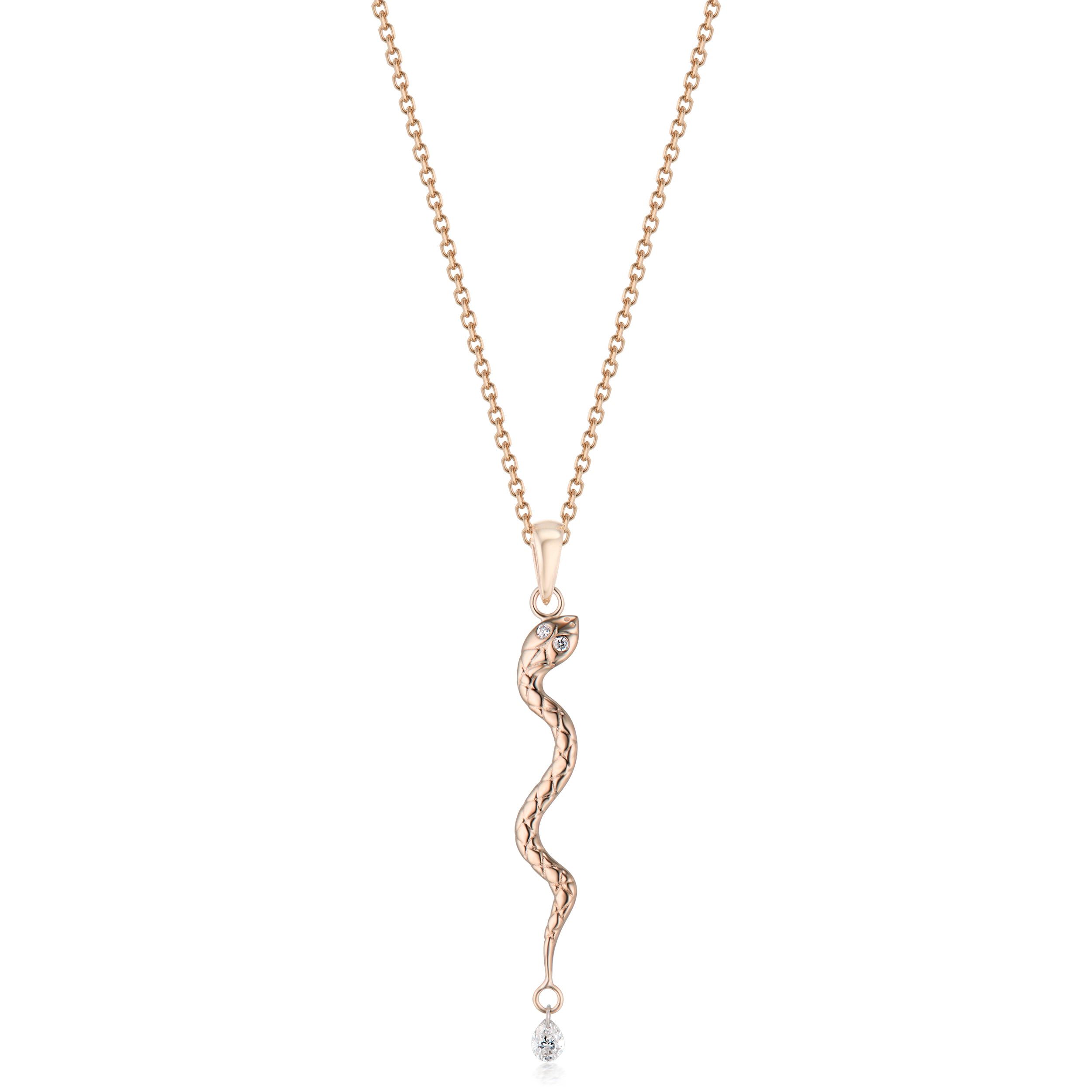 Alt="Vale Jewelry rose Gold textured serpent necklace close up on plain white background"