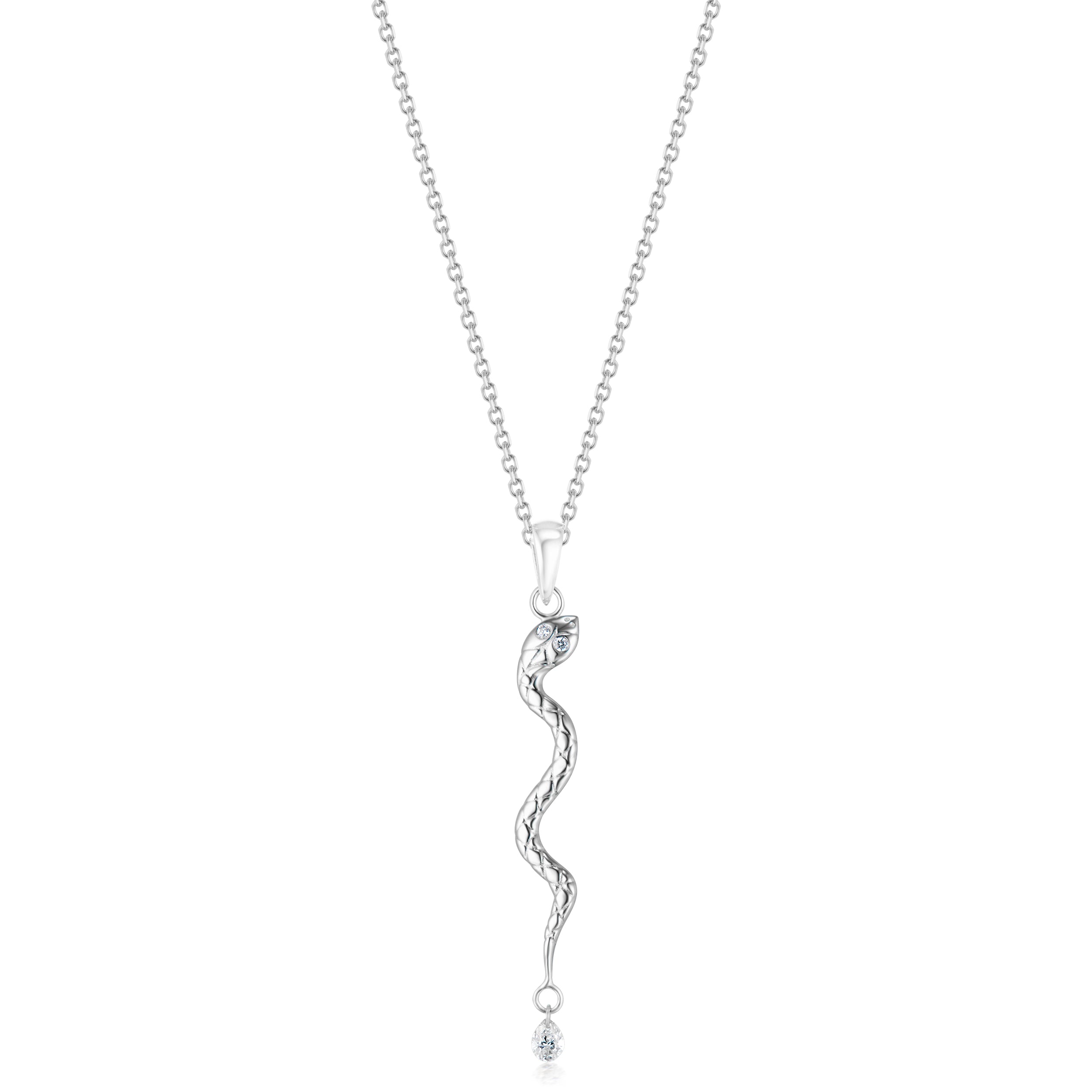 Alt="Vale Jewelry white Gold textured serpent with diamond drop close up on white background"