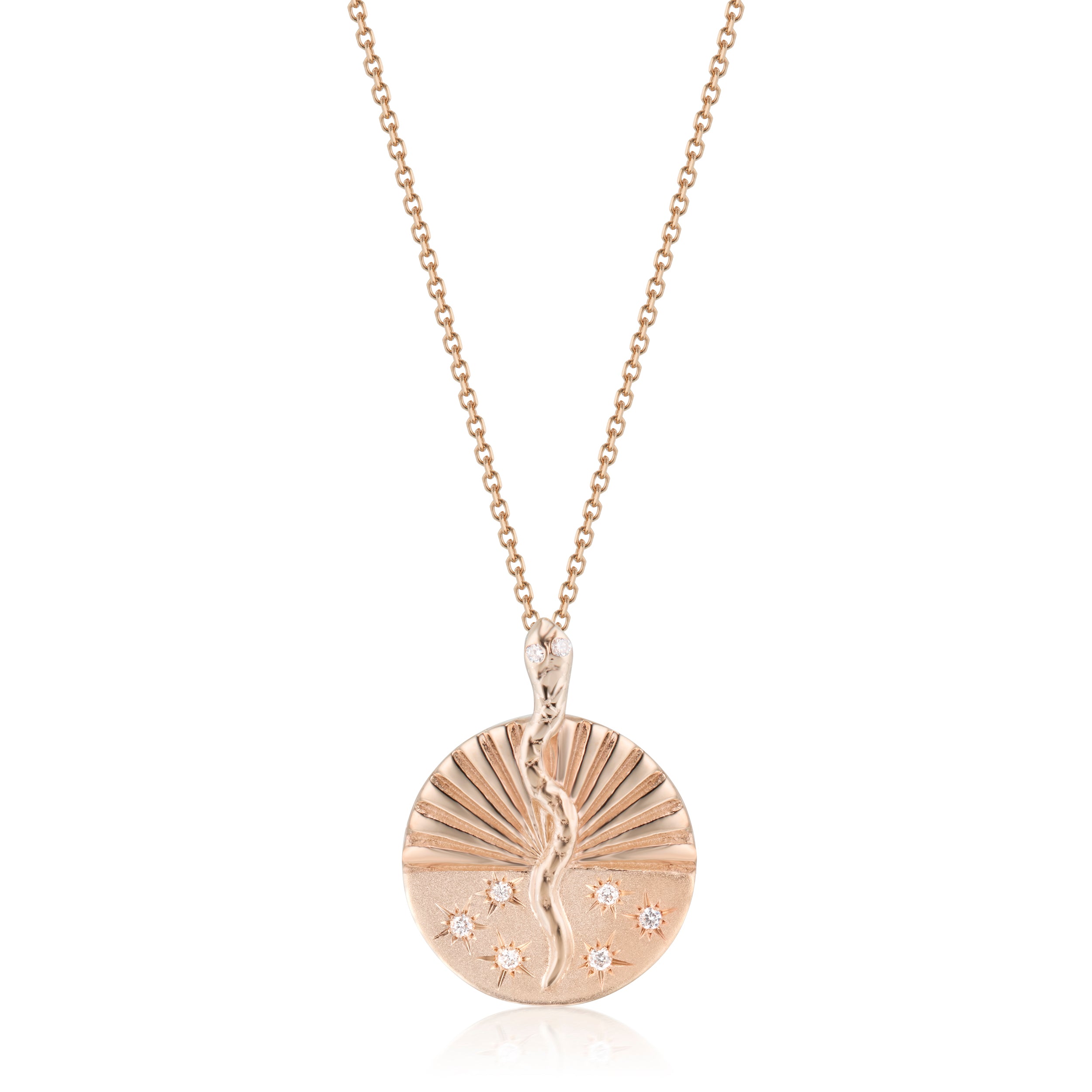 Rose gold serpent ray half disc necklace with pave diamond accents on a plain background