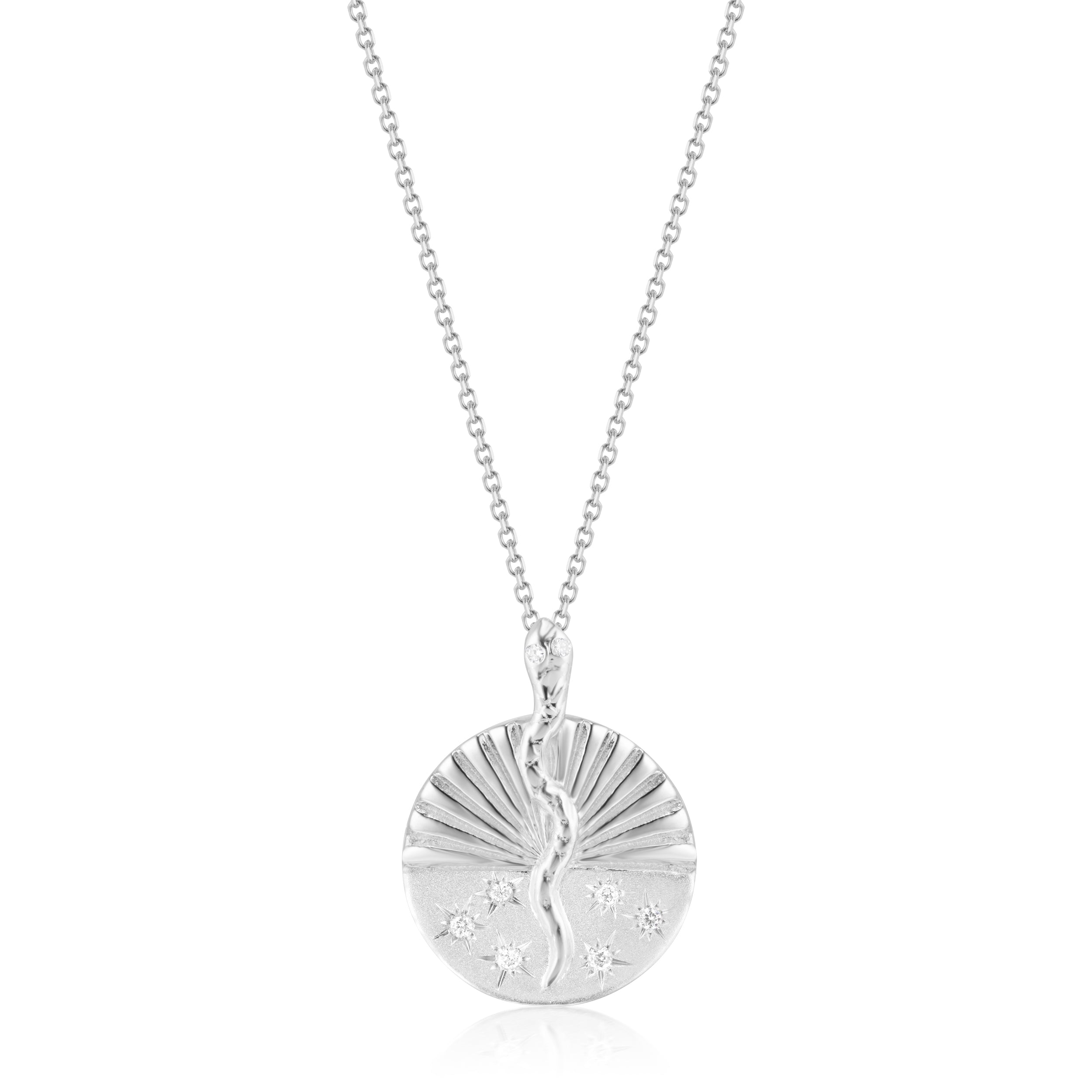 Textured serpent ray half disc necklace in white gold on a plain back drop