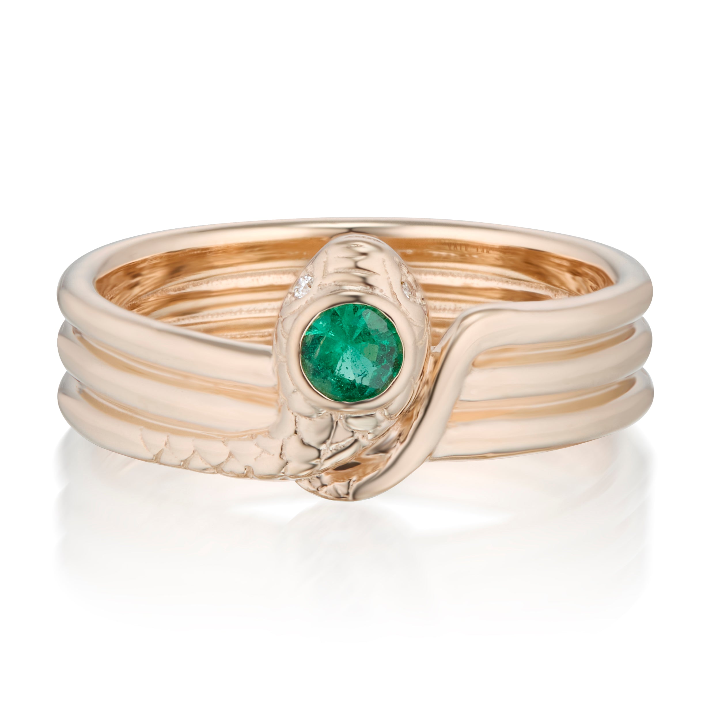 Alt="Vale Jewelry rose Gold ring with emerald with a wrap snake motif, front facing on a white background"