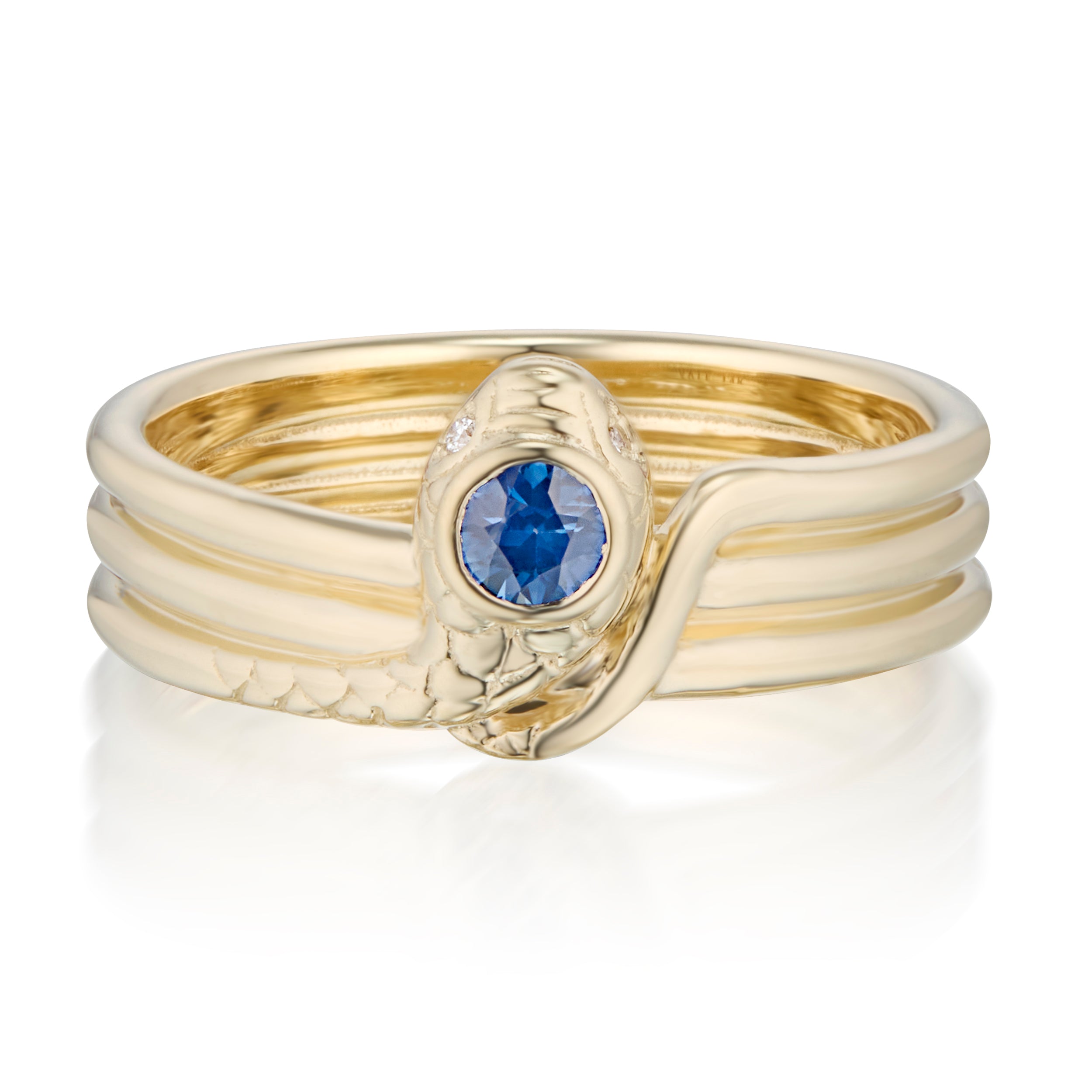 Triple wrap serpent sapphire ring front view in yellow gold