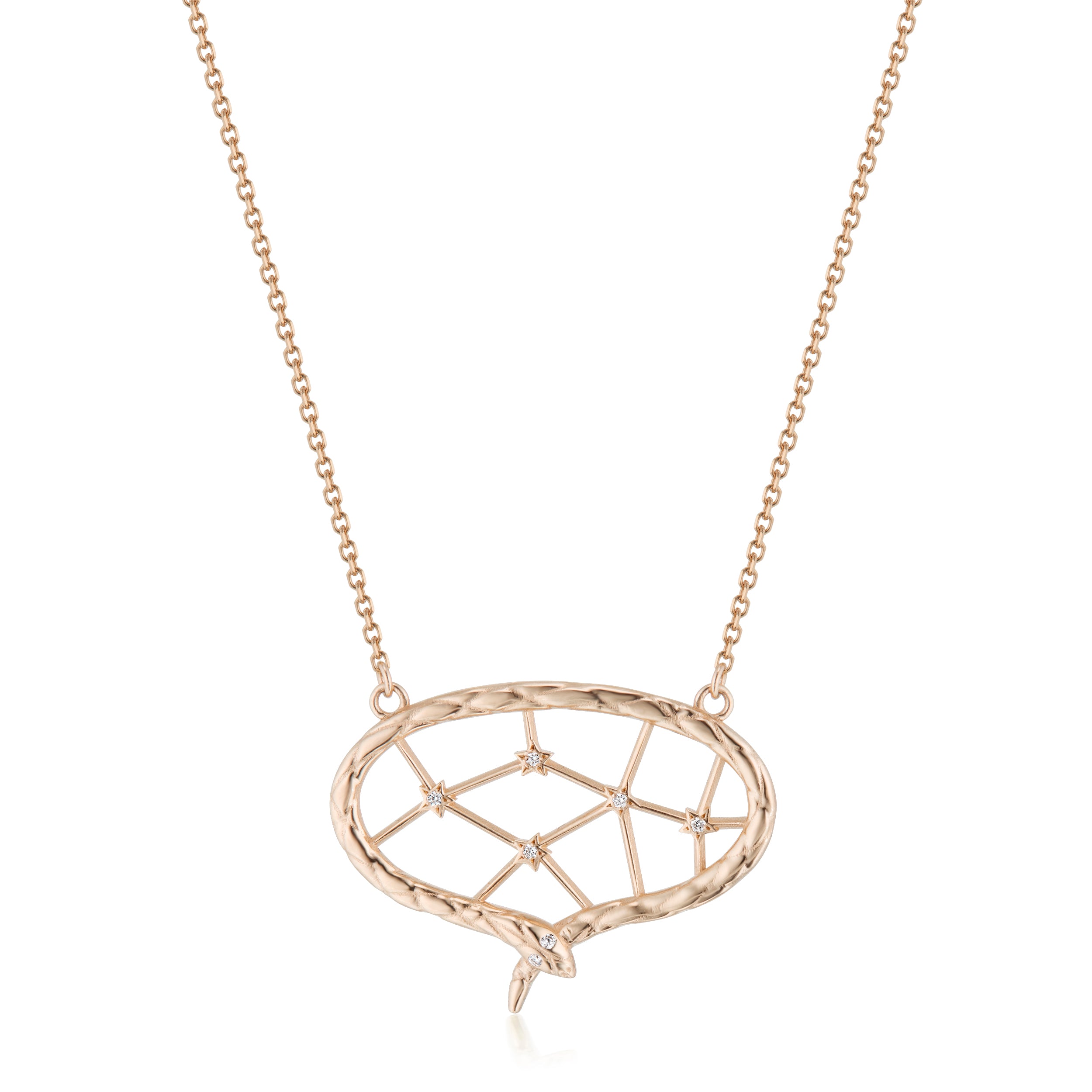 Alt="Vale Jewelry rose gold web of stars necklace with pave diamond accents on a white plain back drop"