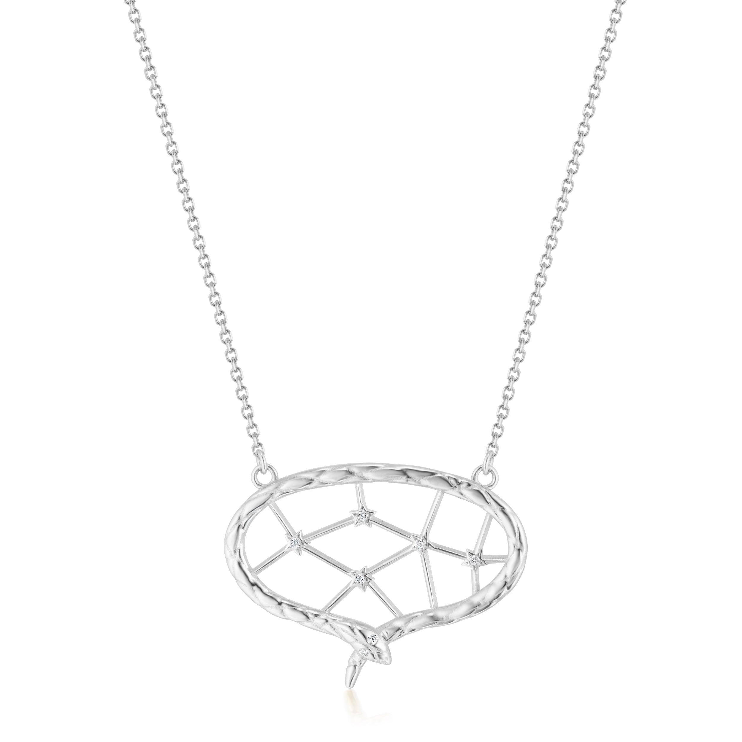 Alt="Vale Jewelry white gold web of stars necklace with pave diamond accents"