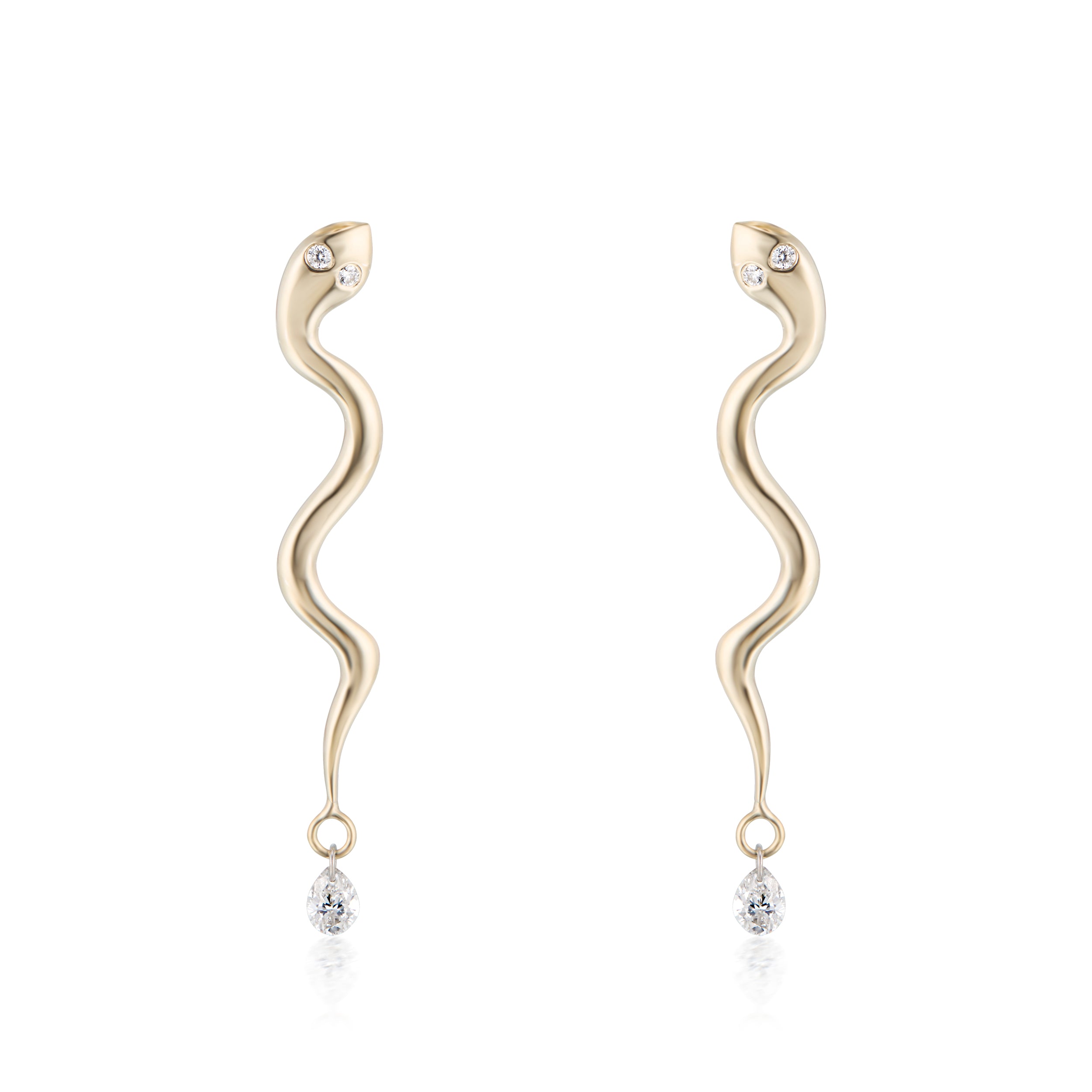 Serpent Earrings with Diamond Drops from the front on a white background