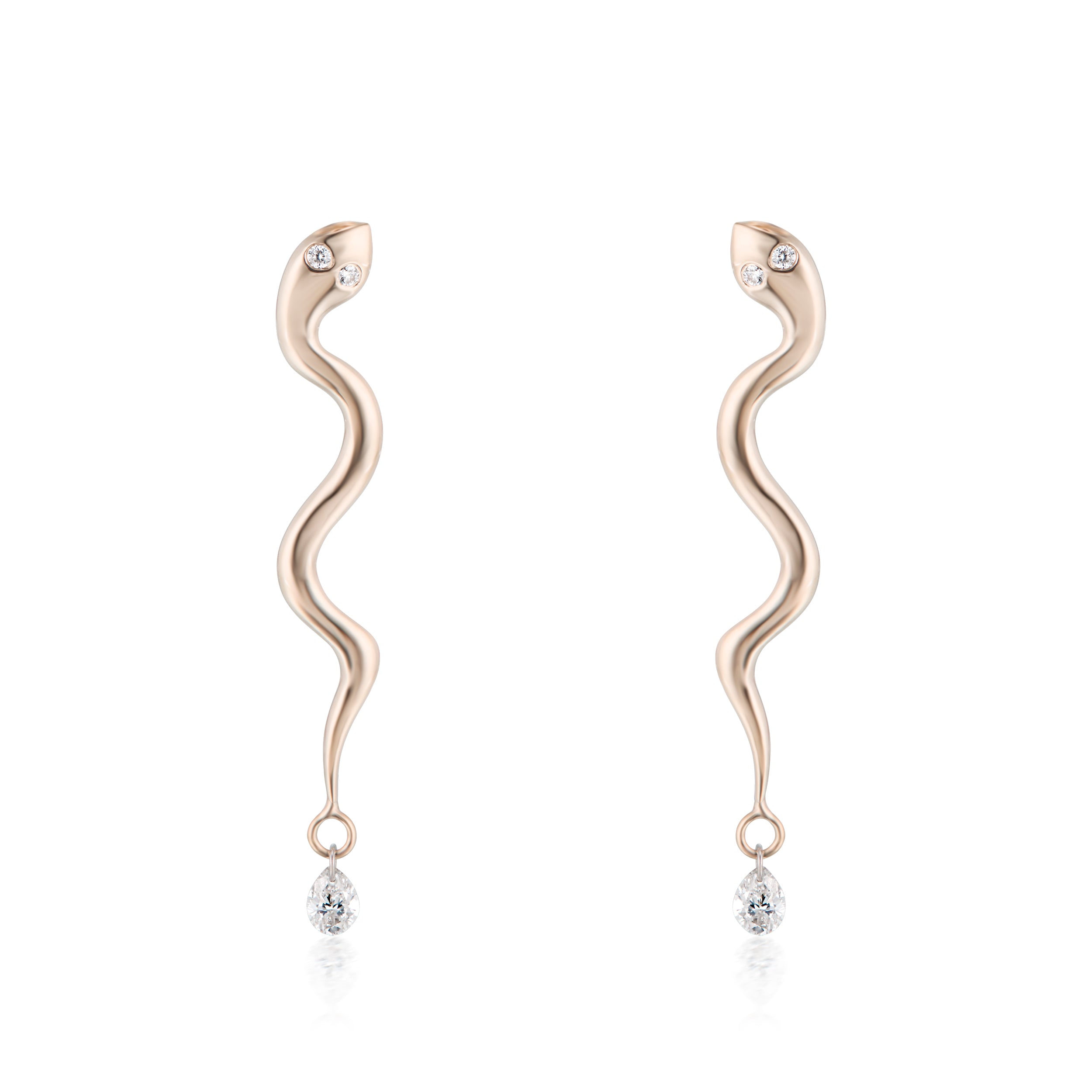 Alt="Vale Jewelry rose Gold serpent earrings with diamond drops on a plain background"