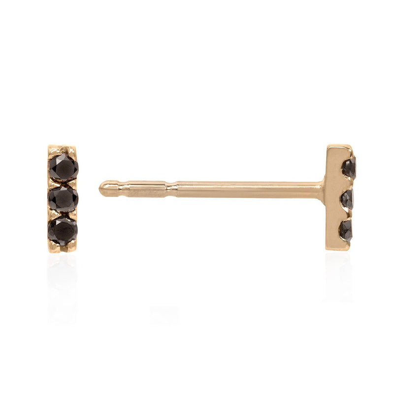 Vale Jewelry 3 Diamond Bar Earrings with Black Diamonds in 14 Karat Yellow Gold Side View with Post