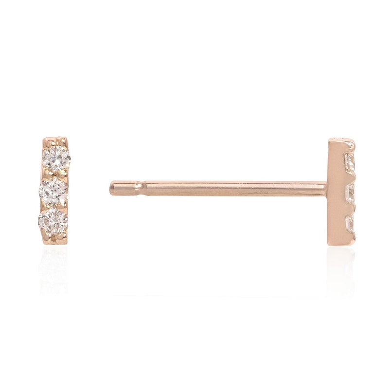 Vale Jewelry 3 Diamond Bar Earrings with White Diamonds in 14 Karat Rose Gold Side View with Post
