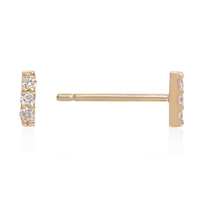 Vale Jewelry 3 Diamond Bar Earrings with White Diamonds in 14 Karat Yellow Gold Side View with Post