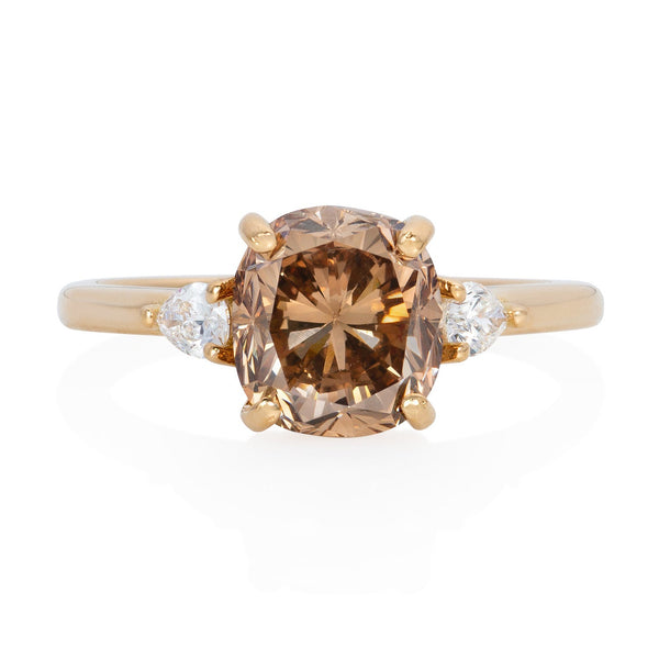 Vale Jewelry 3.09 Carat Fancy Orange-Brown Argyle Diamond Ring with Pear Shaped White Diamonds in 18 Karat Yellow Gold Front View