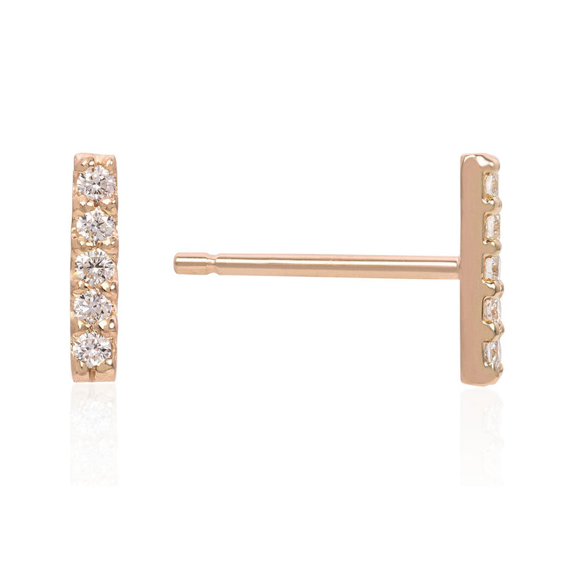 Vale Jewelry 5 Diamond Bar Earrings with White Diamonds in 14 Karat Rose Gold Side View with Post 