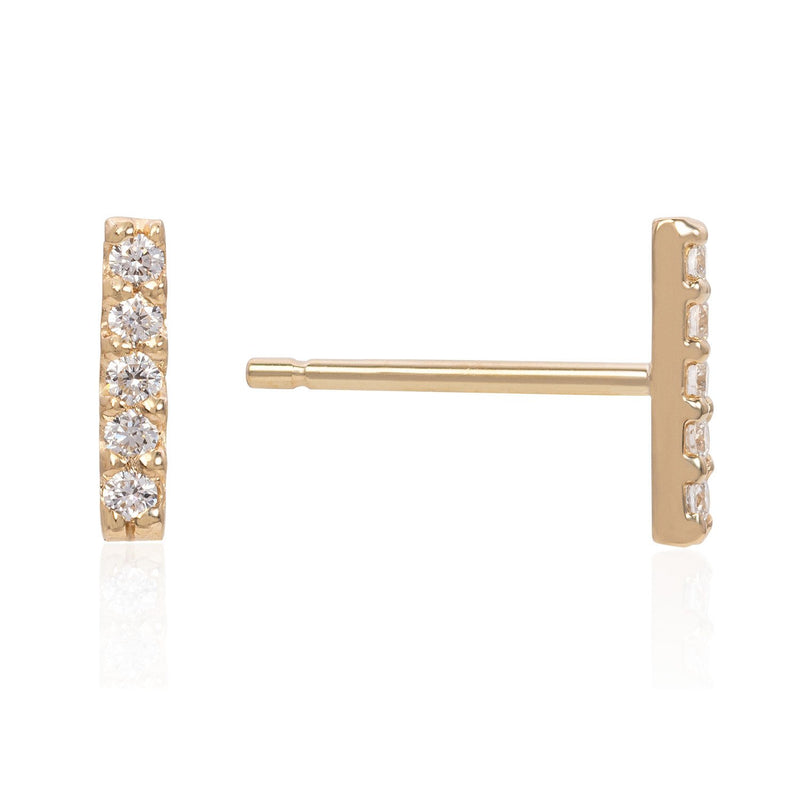 Vale Jewelry 5 Diamond Bar Earrings with White Diamonds in 14 Karat Yellow Gold Side View with Post
