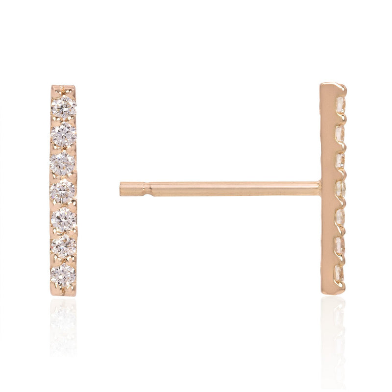 Vale Jewelry 7 Diamond Bar Earrings with White Diamonds in 14 Karat Rose Gold Side View with Post 