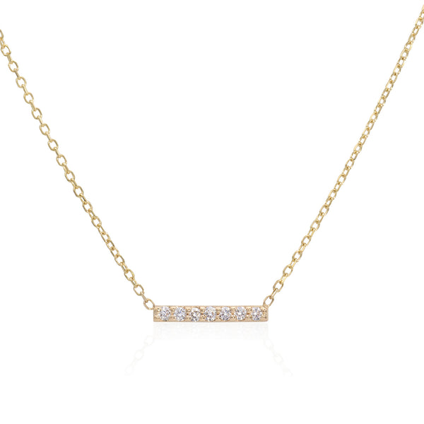 Vale Jewelry 7 Diamond Bar Necklace with White Diamonds on Diamond Cut Cable Chain in 14 Karat Yellow Gold Close Up