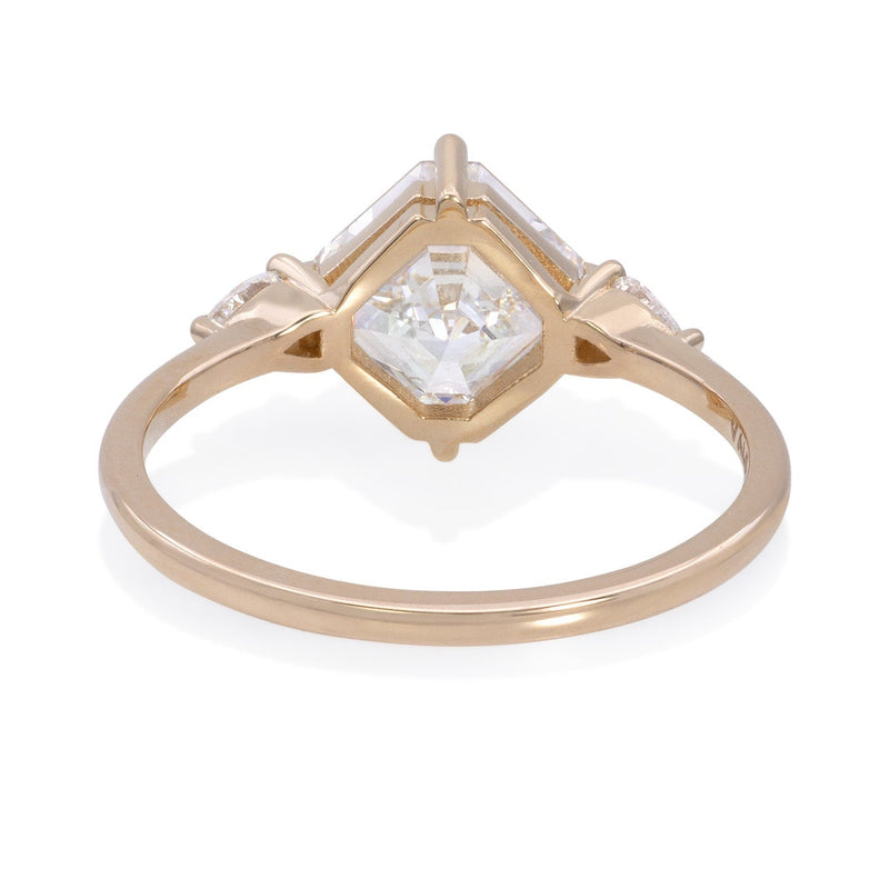 Vale Jewelry Alchemy Ring with Asscher Cut 2.00 Carat White Diamond Center with Pear Shaped White Diamond Accents in 18 Karat Yellow Gold Back View 