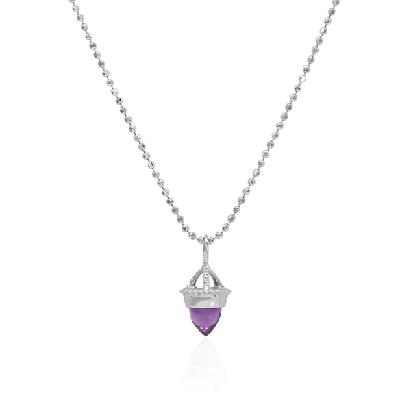 Vale Jewelry Amphora Amulet with Amethyst on Faceted Bead Chain in 14 Karat White Gold Close Up 