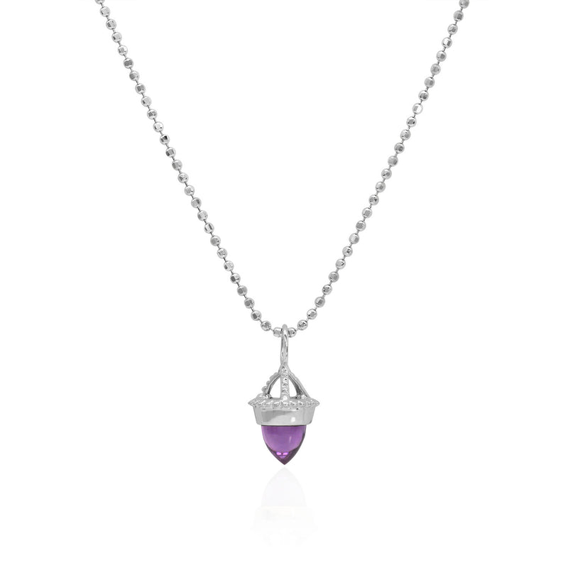 Vale Jewelry Amphora Amulet with Amethyst on Faceted Bead Chain in 14 Karat White Gold Close Up 