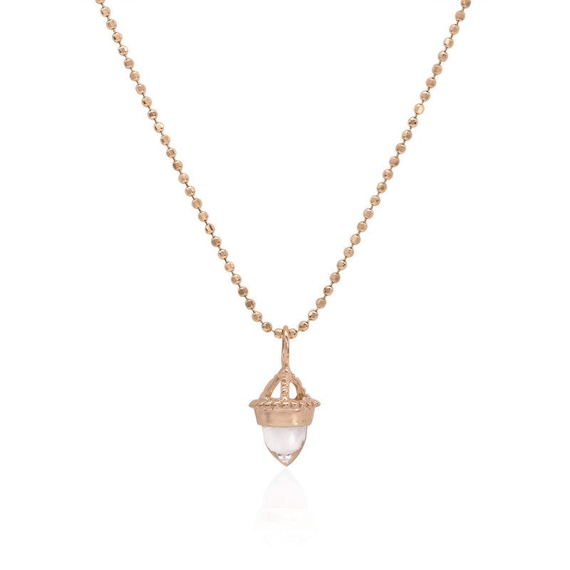 Vale Jewelry Amphora Amulet with Clear Quartz on Faceted Bead Chain in 14 Karat Rose Gold Close Up
