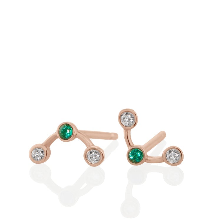 Vale Jewelry Arc Earrings with Round Brilliant Cut White Diamonds and Emerald in 14 Karat Rose Gold Front View 