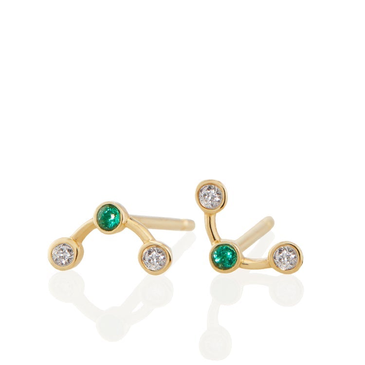 Vale Jewelry Arc Earrings with Round Brilliant Cut White Diamonds and Emerald in 14 Karat Yellow Gold Front View 