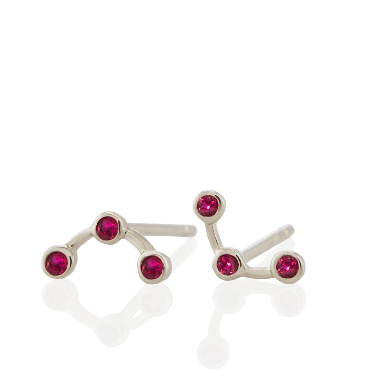 Vale Jewelry Arc Earrings with 3 Round Rubies in 14 Karat White Gold Front View 