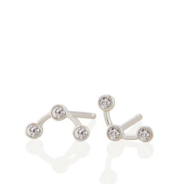 Vale Jewelry Arc Earrings with 3 Round Brilliant Cut White Diamonds in 14 Karat White Gold Front View