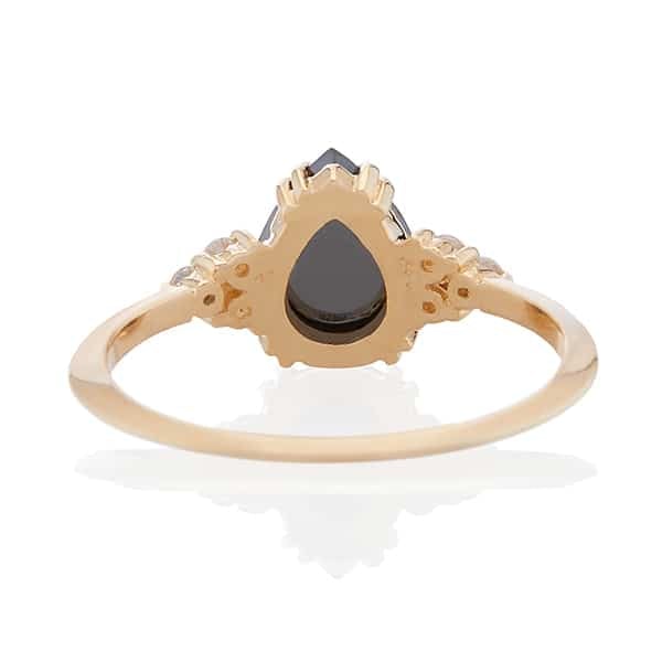 Vale Jewelry Athena Ring with  Pear Shaped Rose Cut Black Diamond and White Diamond Accents in 14 Karat Yellow Gold Back View