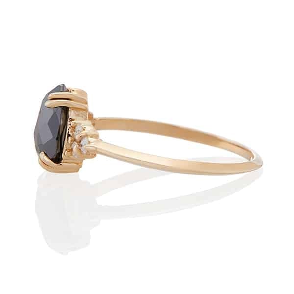 Vale Jewelry Athena Ring with  Pear Shaped Rose Cut Black Diamond and White Diamond Accents in 14 Karat Yellow Gold Side View