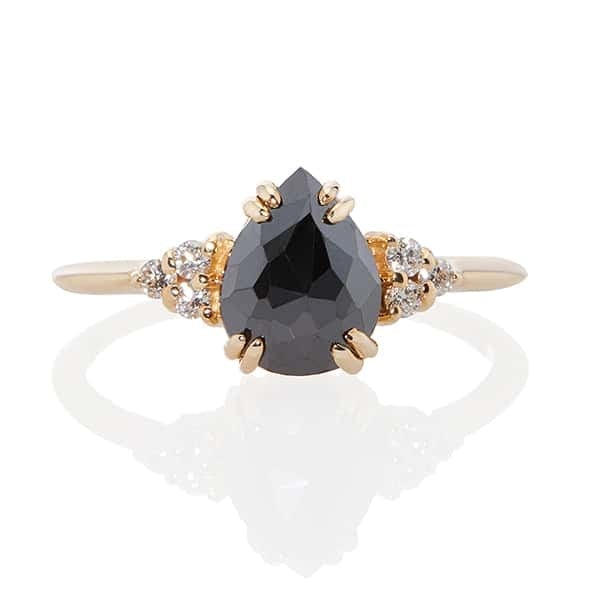 Vale Jewelry Athena Ring with  Pear Shaped Rose Cut Black Diamond and White Diamond Accents in 14 Karat Yellow Gold Front View
