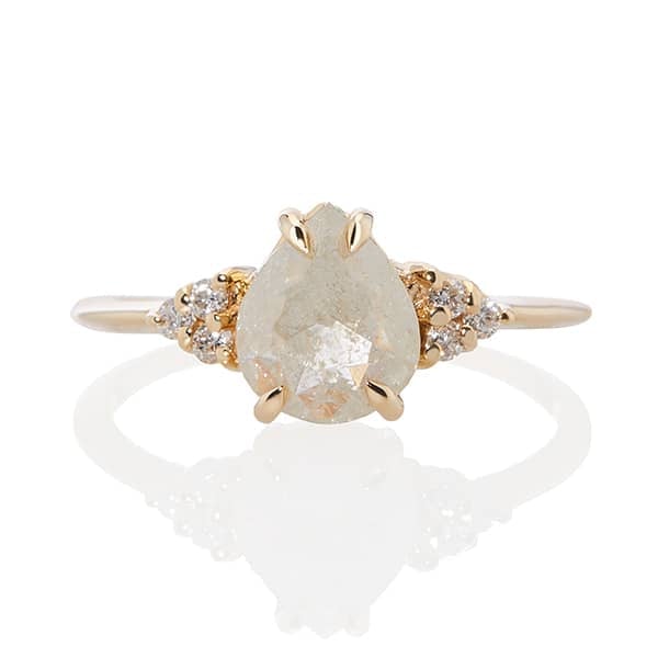 Vale Jewelry Athena Ring with Pear Shaped Rose Cut Grey Diamond and White Diamond Accents in 14 Karat Yellow Gold Front View