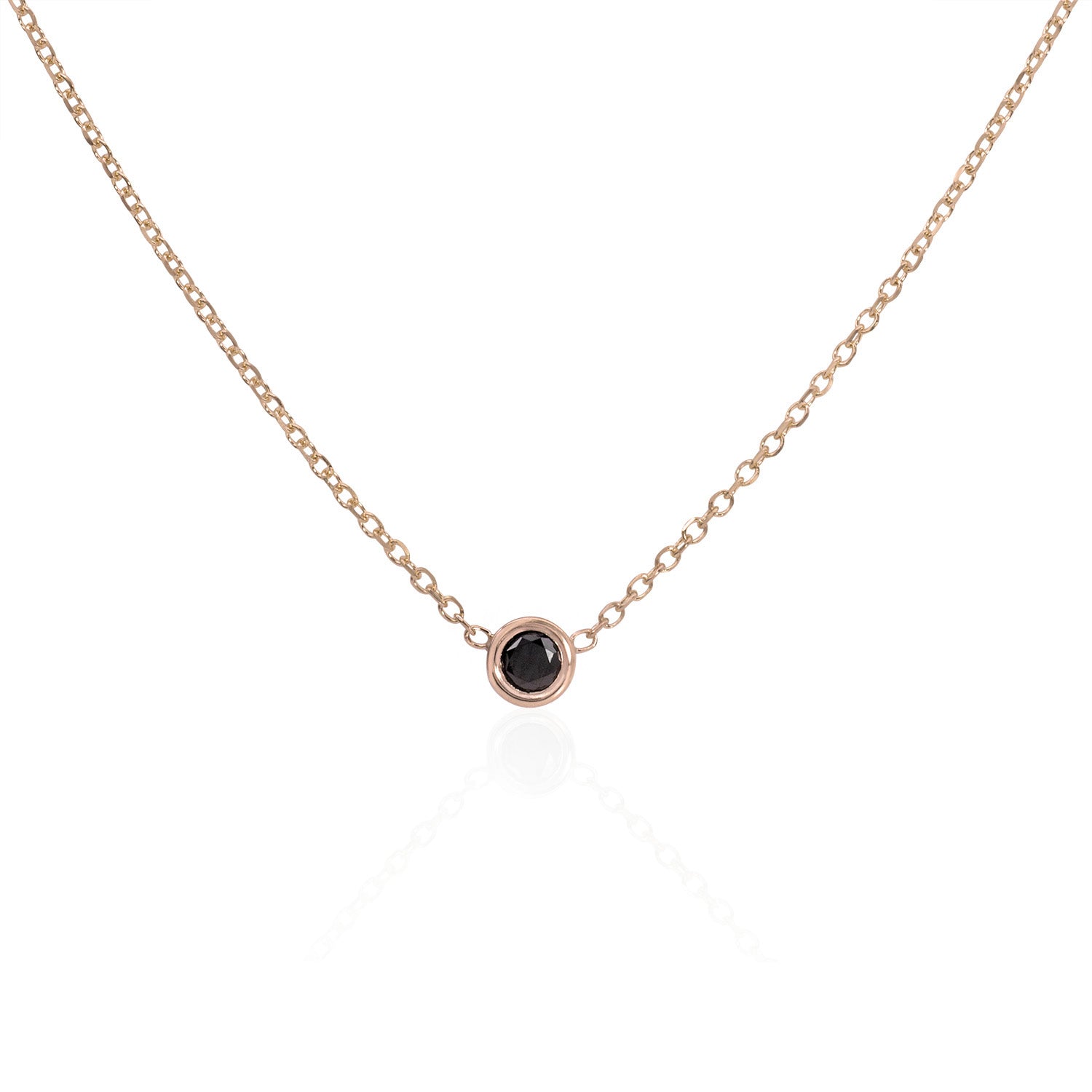Vale Jewelry Barely-There Black Diamond Necklace Bezel Set on Diamond Cut Cable Chain in 14 Karat Rose Gold Close Up