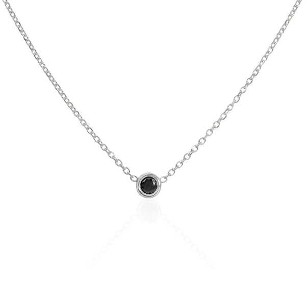 Vale Jewelry Barely-There Black Diamond Necklace Bezel Set on Diamond Cut Cable Chain in 14 Karat White Gold Close Up