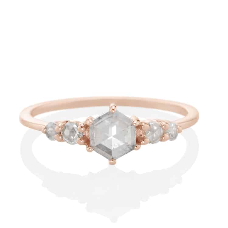 Vale Jewelry Bellatrix Hexagon Ring with Grey Rose Cut Diamond and Round Rose Cut White Diamond Accents in 14 Karat Rose Gold Front View