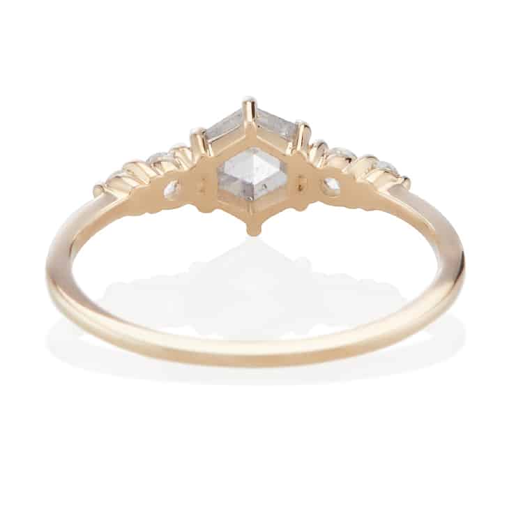 Vale Jewelry Bellatrix Hexagon Ring with Grey Rose Cut Diamond and Round Rose Cut White Diamond Accents in 14 Karat Yellow Gold Back View