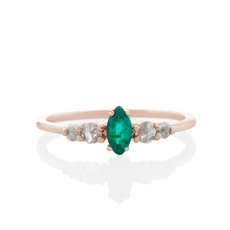 Vale Jewelry Bellatrix Marquise Emerald Ring with White Rose Cut Diamonds in 14 Karat Rose Gold Front View