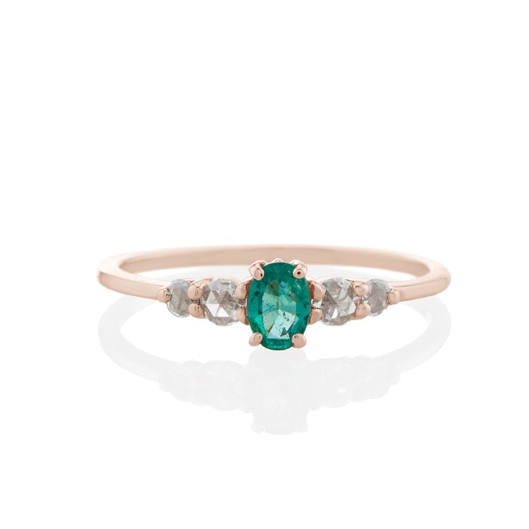 Vale Jewelry Bellatrix Oval Emerald Ring with White Rose Cut Diamond Accents in 14 Karat Rose Gold Front View
