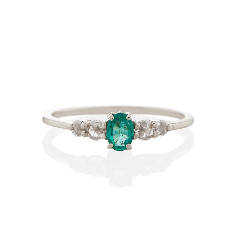 Vale Jewelry Bellatrix Oval Emerald Ring with White Rose Cut Diamond Accents in 14 Karat White Gold Front View