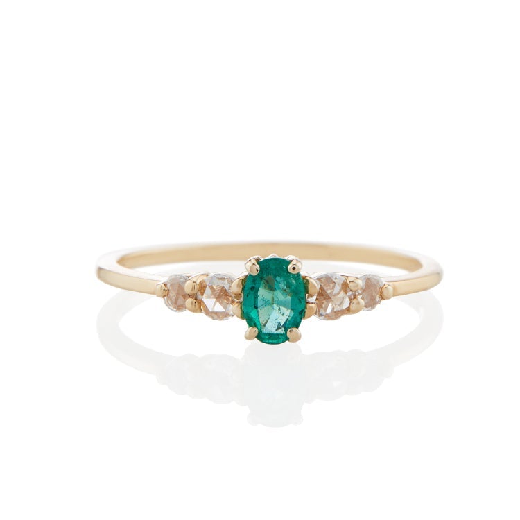Vale Jewelry Bellatrix Oval Emerald Ring with White Rose Cut Diamond Accents in 14 Karat Yellow Gold Front View