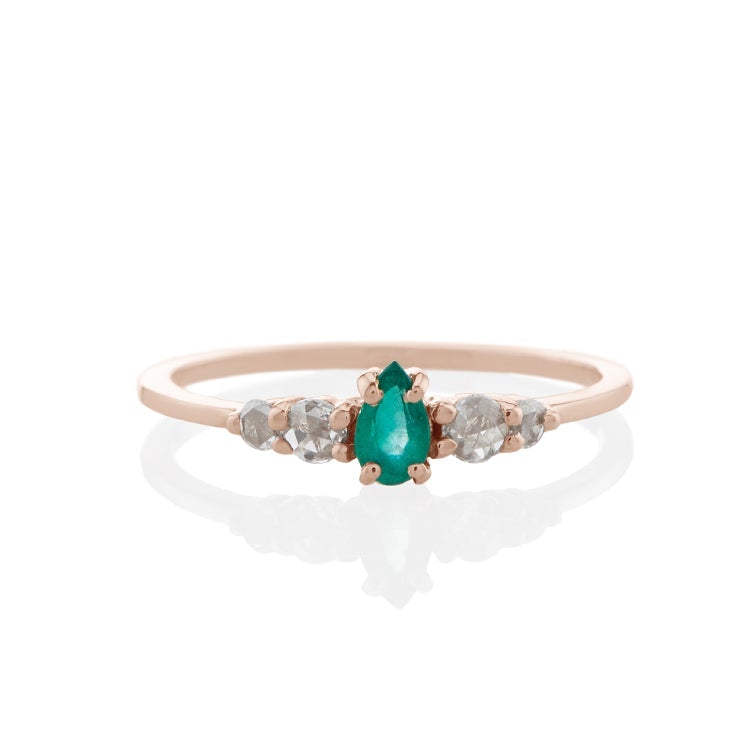 Vale Jewelry Bellatrix Pear Shaped Emerald Ring with White Rose Cut Diamond Accents in 14 Karat Rose Gold Front View