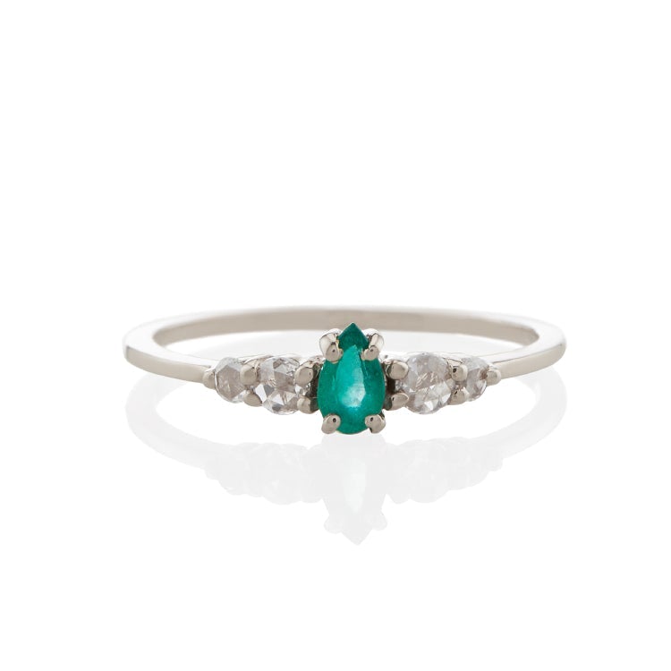 Vale Jewelry Bellatrix Pear Shape Emerald Ring with White Rose Cut Diamond Accents in 14 Karat White Gold Front View