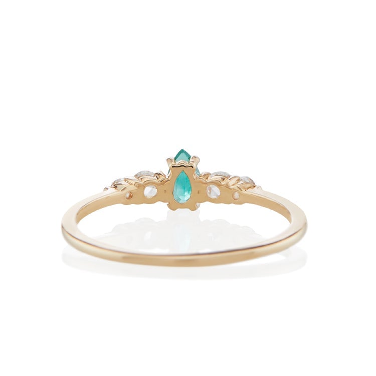 Vale Jewelry Bellatrix Pear Shape Emerald Ring with White Rose Cut Diamond Accents in 14 Karat Yellow Gold Back View