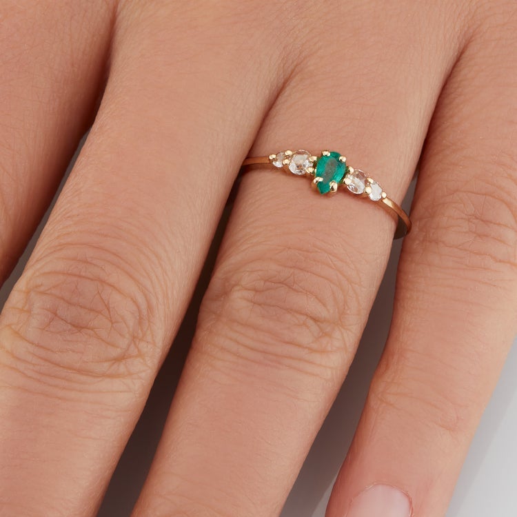 Vale Jewelry Bellatrix Pear Shape Emerald Ring with White Rose Cut Diamond Accents in 14 Karat Yellow Gold Hand View