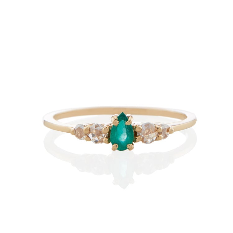 Vale Jewelry Bellatrix Pear Shape Emerald Ring with White Rose Cut Diamond Accents in 14 Karat Yellow Gold Front View